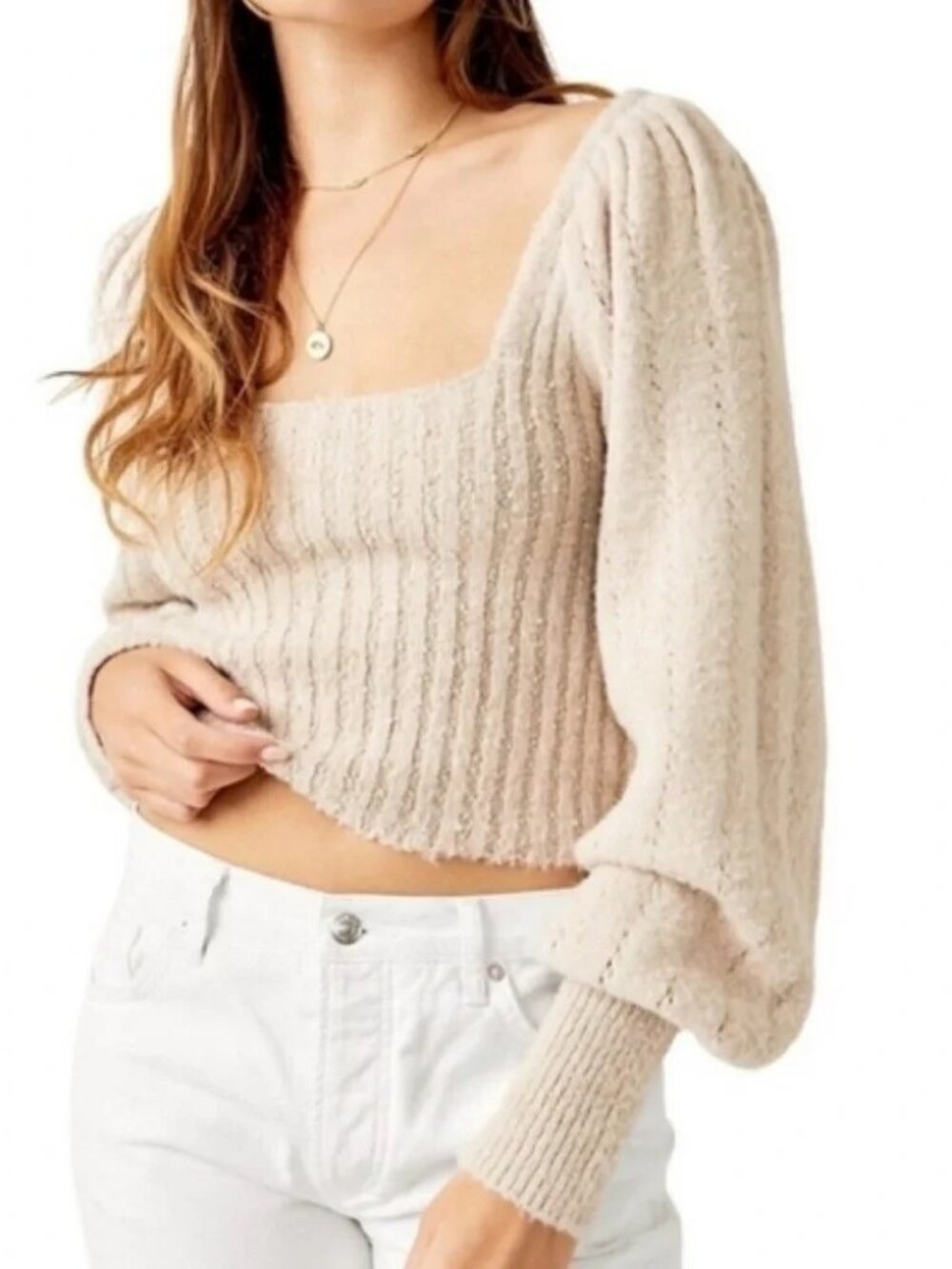 Free People Katie Rib Pullover Sweater Large Sand Balloon‎ Sleeve Rib Cropped XL